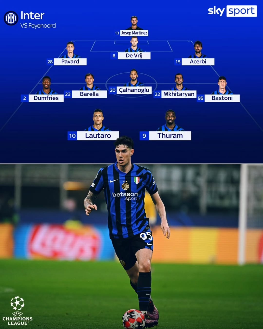 天空预测国米vs费耶诺德首发:帕瓦尔出战,巴斯托尼顶替迪马尔科