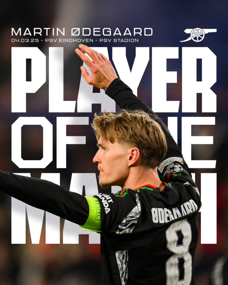 2射1传!阿森纳官方:厄德高当选7-1埃因霍温队内最佳球员