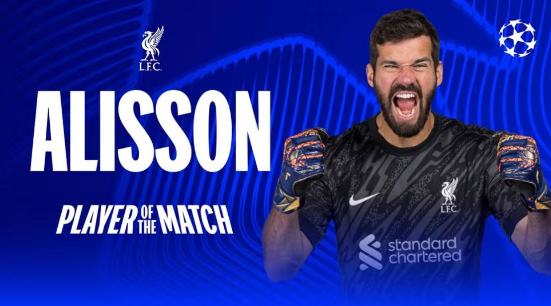 9次扑救力保球门不失,官方:阿利森当选利物浦1-0巴黎全场最佳