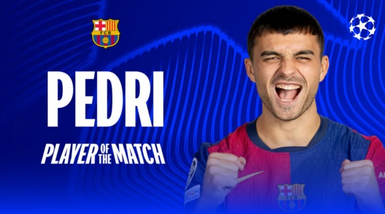 大师级发挥!欧冠官方:佩德里当选巴萨1-0本菲卡全场最佳球员