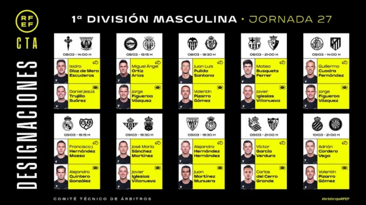 西甲第27轮裁判:费雷尔主裁巴萨VS奥萨苏纳,梅索执法皇马