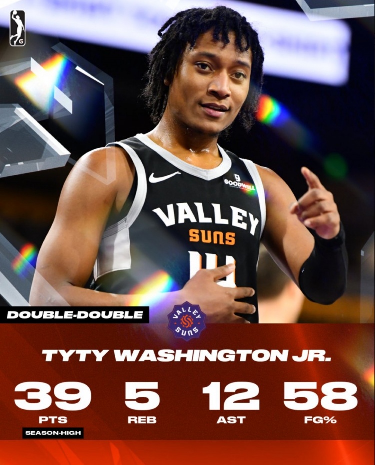 大杀四方！小泰泰-华盛顿G联盟26中15爆砍39分5板12助2断